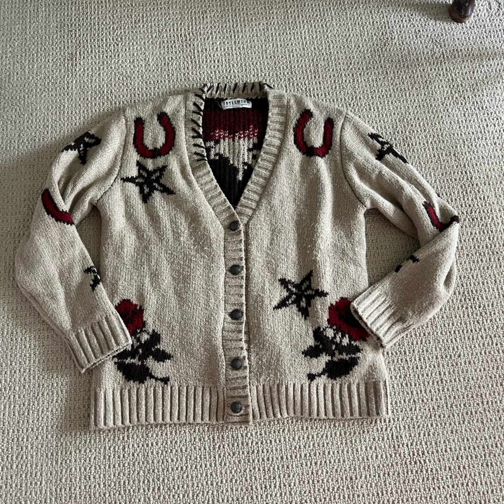 Idyllwind Beige Cardigan Sweater with Red & Black Western Motifs